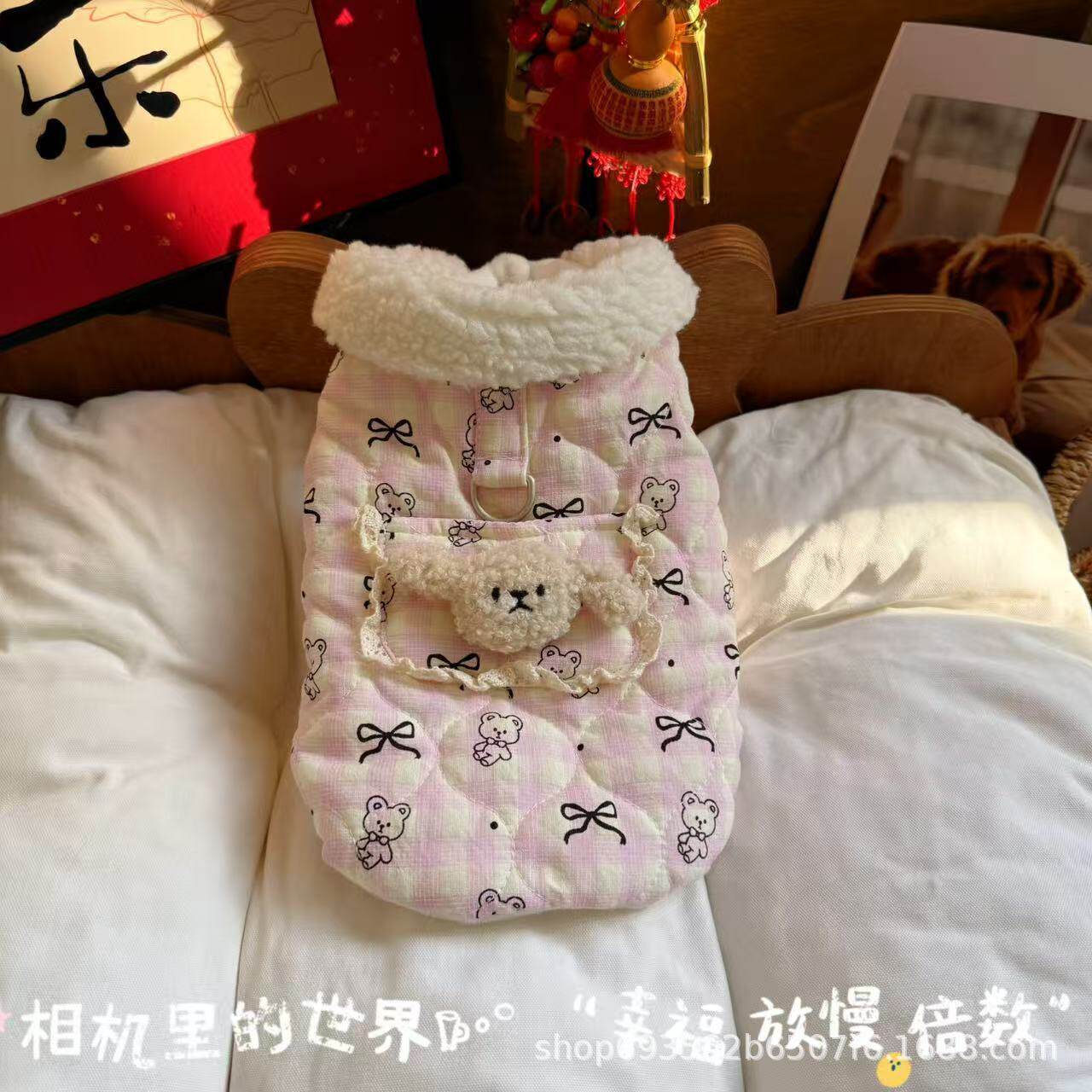 宠物衣服秋冬新款加棉加绒娃娃领马甲开衫背心狗狗猫咪牵引扣棉服