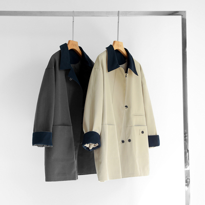 撞色一手长宽松中长风衣外套