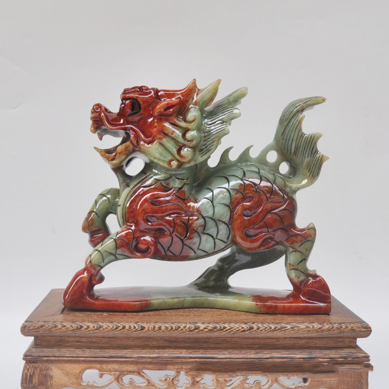 天然玉石祥瑞麒麟摆件招财聚财镇宅岫玉石乔迁开业客厅家居装饰