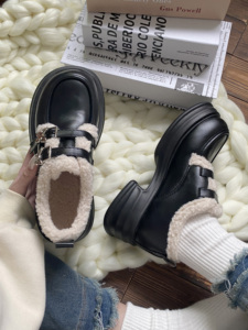 一盒曲奇英伦风加绒保暖小皮鞋女2023秋冬新款舒适百搭厚底乐福鞋
