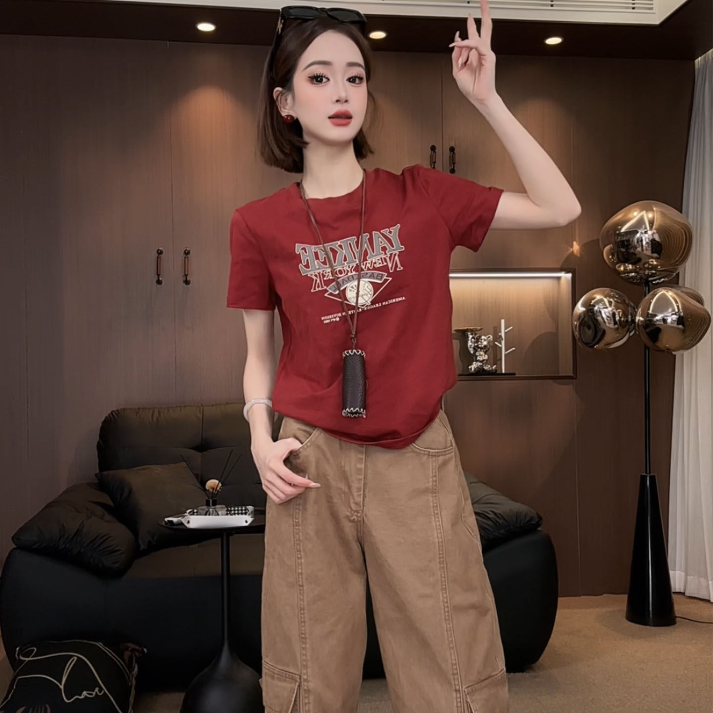 美式复古落枫街道印花短袖T恤女