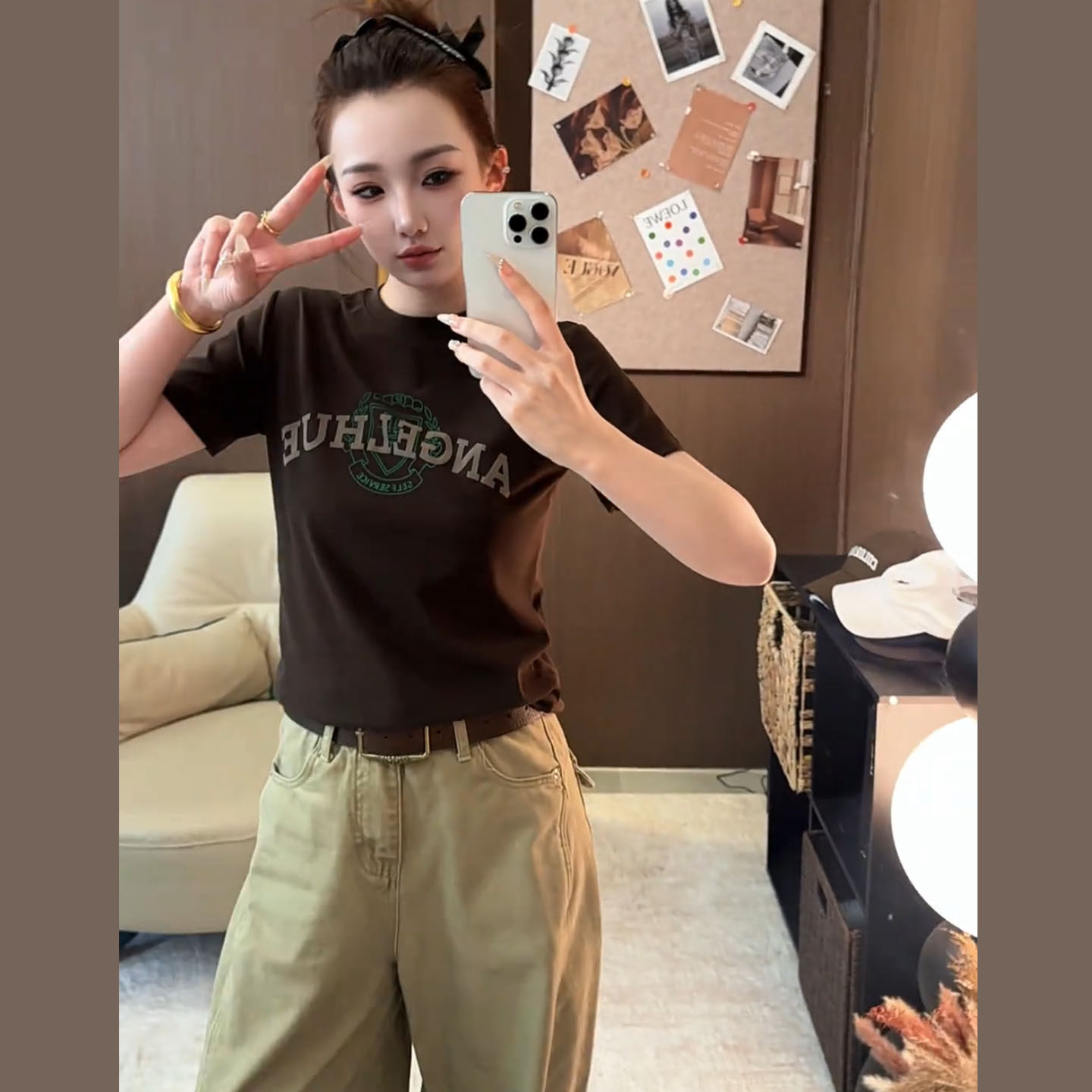 Angelhue咖色正肩 T 恤女夏季 美式复古字母印花修身显瘦百搭短袖
