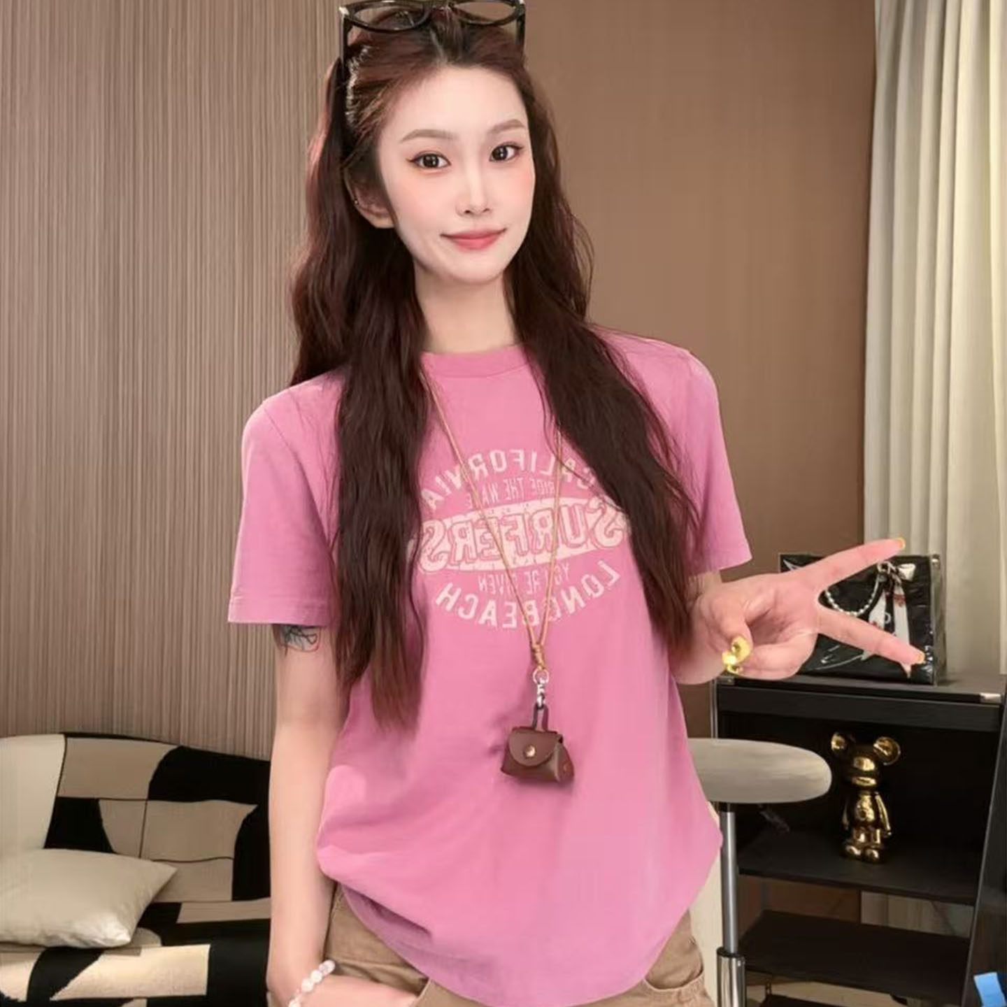 Angelhue昭和粉纯棉感短袖T恤女