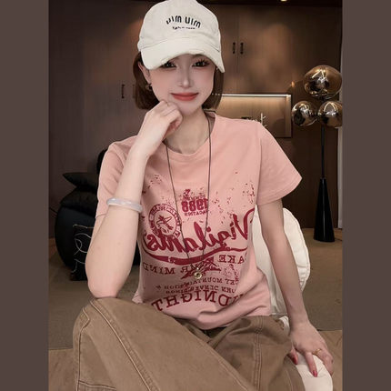 Angelhue旧1988字母印花时尚粉色T恤女正肩显瘦夏季新款百搭短袖