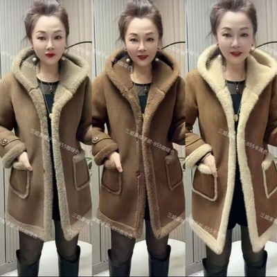 高档冬季加绒加厚皮毛一体外套女士新款时尚洋气连帽保暖棉服上衣