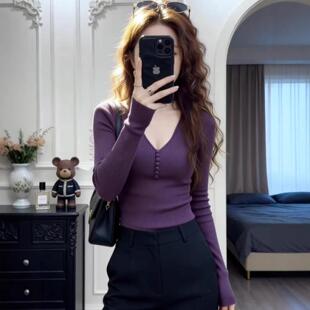 紫色v领针织超好看内搭打底衫女秋冬设计感修身性感气质长袖上衣