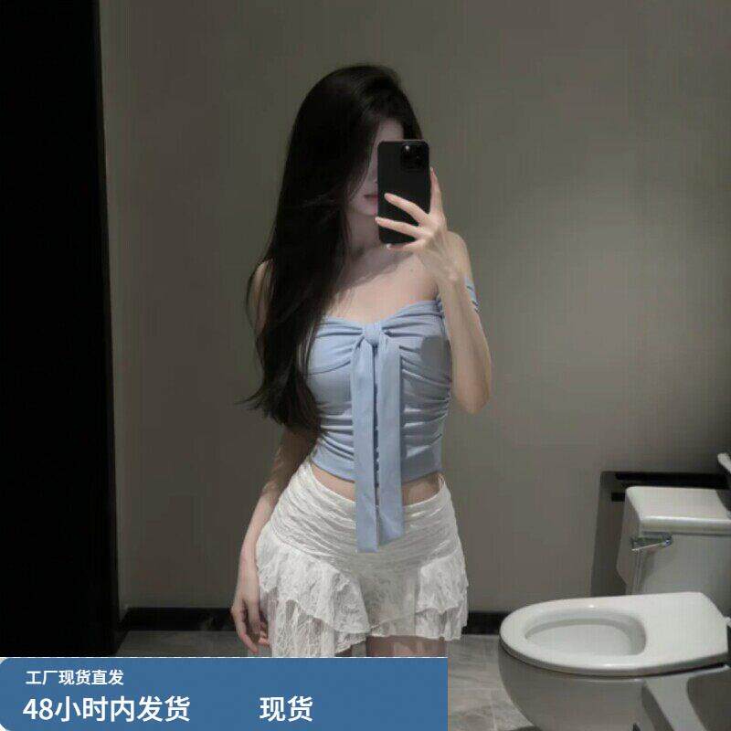 辣妹一字肩蓝色系带短袖T恤女夏季新款修身显瘦纯欲性感短款上衣
