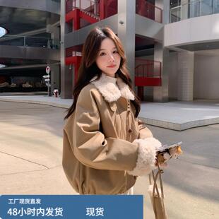 奶咖色短款羊羔毛翻领羽绒衣2025新款女冬高级感派克服90绒厚外套