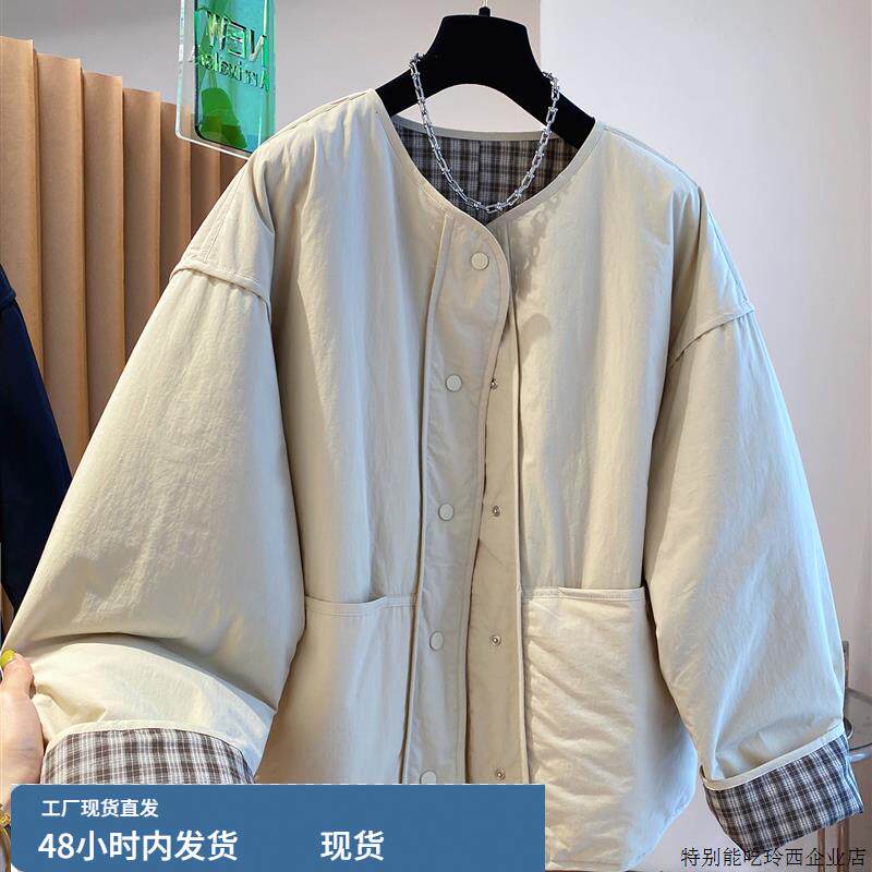 韩版宽松圆领拼接格子单排扣棉服男女秋冬学院风减龄百搭棉衣外套