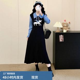 假两件Polo领针织连衣裙女秋冬大码胖mm显瘦洋气卡通图案打底长裙