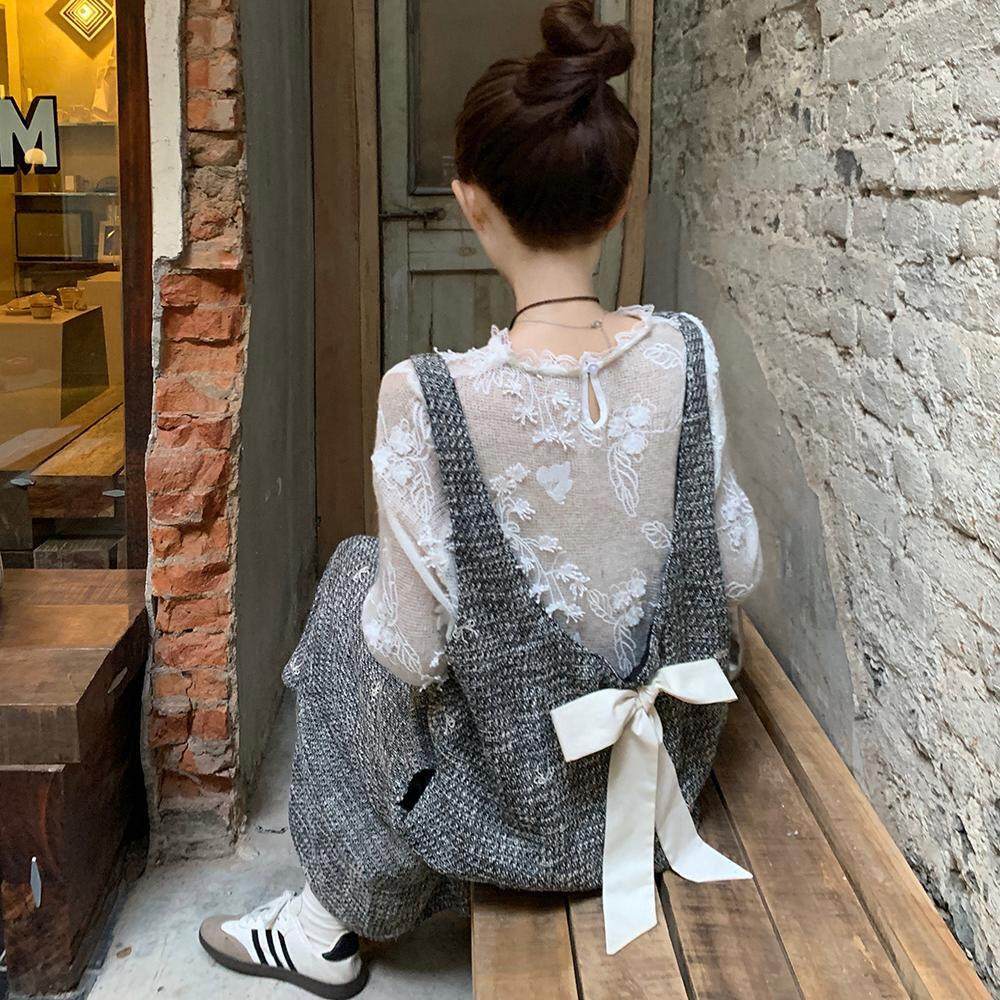 孕妇套装秋冬新款小香风蝴蝶结刺绣毛呢连衣裙打底蕾丝上衣两件套