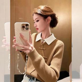 新中式盘扣翻领长袖针织开衫女秋冬2025新款国风复古卡其色毛衣衫