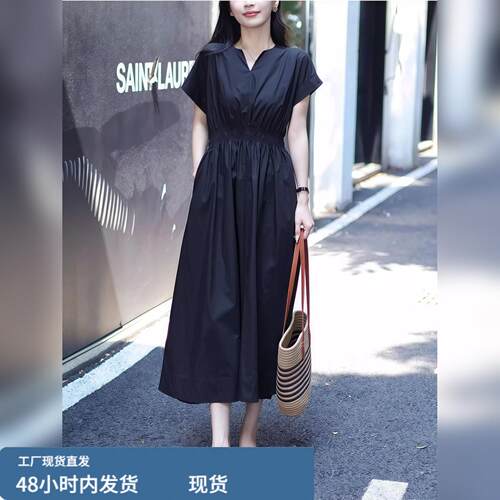 极简风V领小飞袖收腰连衣裙女夏季休闲薄款高气质黑色显瘦中长裙