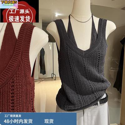 假两件针织背心女夏季设计感亚麻老钱风外穿挂脖系带镂空无袖上衣