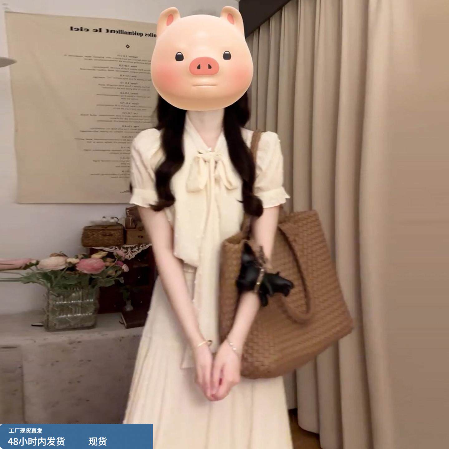 法式蝴蝶结温柔风白色连衣裙子女夏季2025新款巨好看掐腰长裙套装