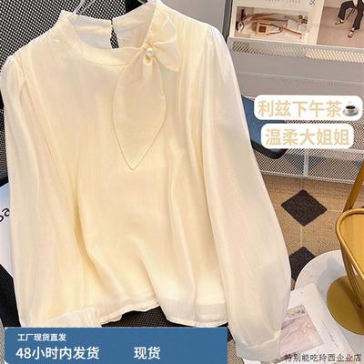 法式天丝蝴蝶结雪纺衬衫女早春轻奢珍珠系带气质小衫别致漂亮上衣