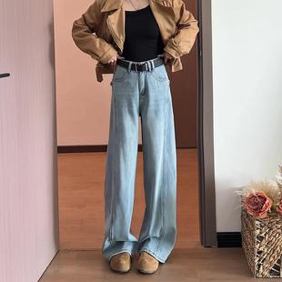 浅蓝色高腰弯刀牛仔裤女2025新款冬季加绒加厚小个子显瘦阔腿裤子
