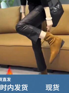 黑色加绒微喇皮裤女春新款休闲通勤小个子高腰显瘦九分烟管直筒裤