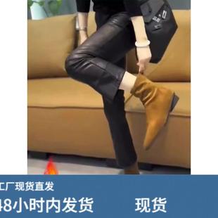 黑色加绒微喇皮裤女春新款休闲通勤小个子高腰显瘦九分烟管直筒裤