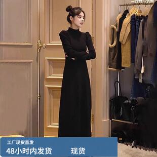 泡泡袖黑色修身长款真帜连衣裙女赫本风小黑裙打底裙秋冬款配大衣