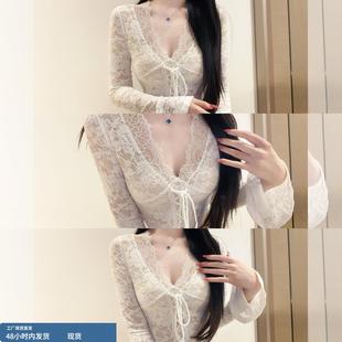 欧货高端白色系带蕾丝打底衫女冬天性感纯欲内搭叠穿t恤短款上衣