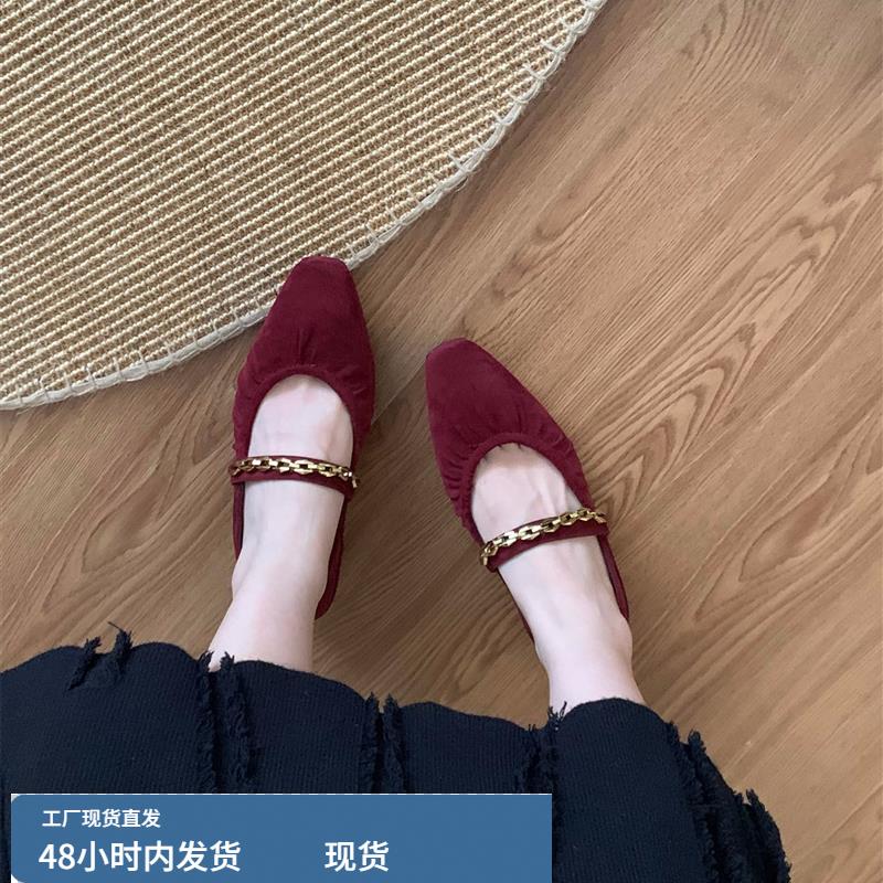 内增高红色婚鞋绒面单鞋女鞋子2025春秋季褶皱配裙子玛丽珍晚晚鞋
