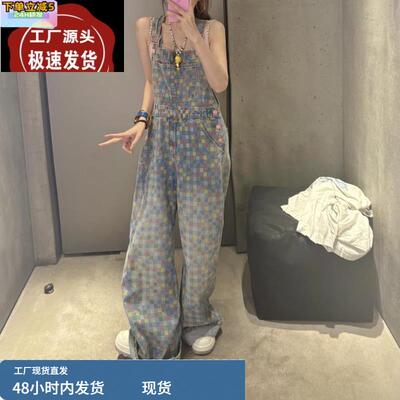美式设计感满印棋盘格彩绘贴布牛仔裤子女夏辣妹慵懒风拖地背带裤
