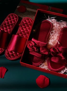 春夏绸缎结婚拖鞋喜庆红色一对情侣新婚礼陪嫁新娘晨袍拖鞋本命年