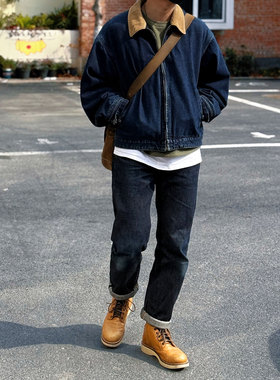 Double Indigo 石洗古着感做旧灯芯绒领羊毛内衬蓝色牛仔风雪夹克