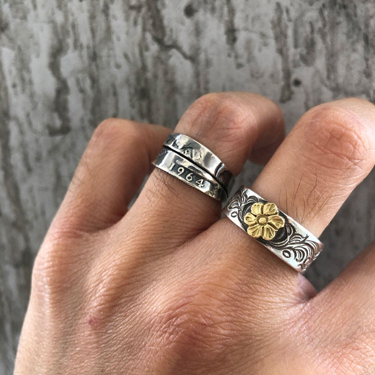 Dear Blossom 日本手打18K金蔷薇花点金平打手工唐草复古戒指