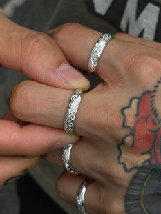 日本手打飘逸复古唐草复古925全银戒指 情侣款 Dear Blossom