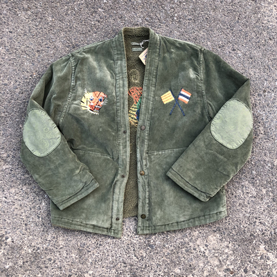 Dr Collectors 丑虎西贡地图手工刺绣天然羊羔绒灯芯绒道袍夹克