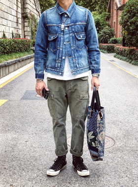 Gypsy Sons x D.I. 水洗做旧重磅人字纹多袋中腰复古休闲工装裤子