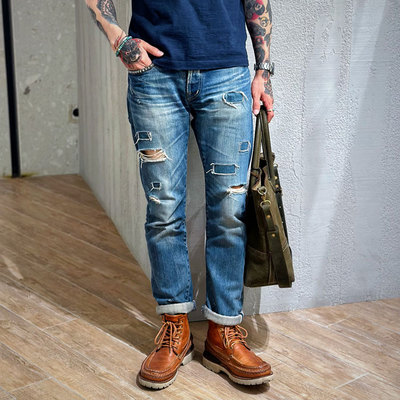 木村同款破坏赤耳小格水洗牛仔裤