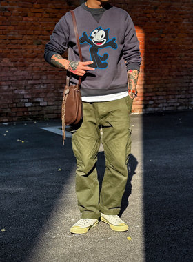 BARNS 日产老式梭织机制重磅水洗做旧复古菲力猫双面印花加绒卫衣