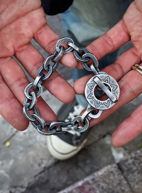 重磅925全银0型复古手链