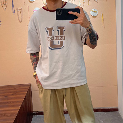 美式校园风印花双面穿宽松T恤