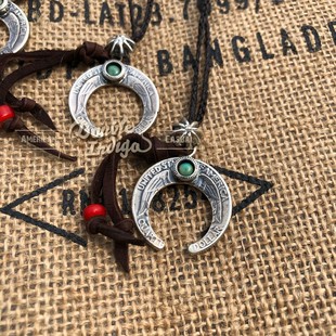 North Works 古董摩根银币切割改造松石月牙油蜡绳项链吊坠