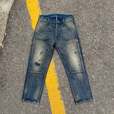 WIROTE威络 油污水洗破洞indigo双蓝染三本针伐木工工装牛仔裤