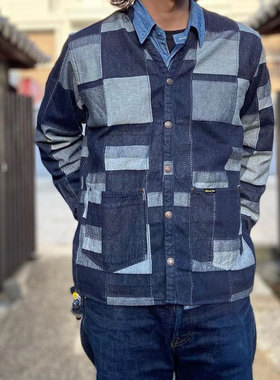 MOMOTARO桃太郎 休闲百搭 日本制百家布牛仔刺子拼接道袍式夹克