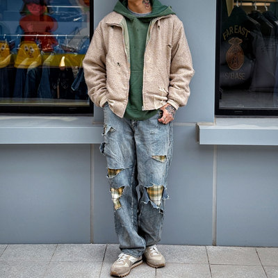 ANACHRONORM特价 日本制重度糜烂破坏油污水洗做旧格子内衬牛仔裤