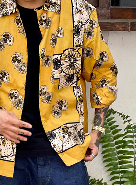 Gypsy Sons 收藏级Bandana面料魔术蘑菇印花宽松复古工装衬衫