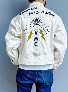 GYPSY SONS特价清仓 定制手工全知之眼云雾闪电刺绣赤耳工装夹克