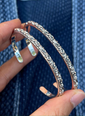 Dear Blossom 百搭耐看 日本手打3D立体高肉唐草复古全银手镯