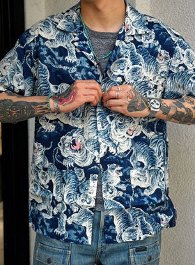 Gypsy Sons 霸气初版indigo天然蓝染百虎印花复古夏威夷衬衫