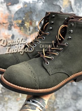 Brother Bridge 店铺独占 复古深苔藓绿色猫底翻毛皮工装伞兵靴