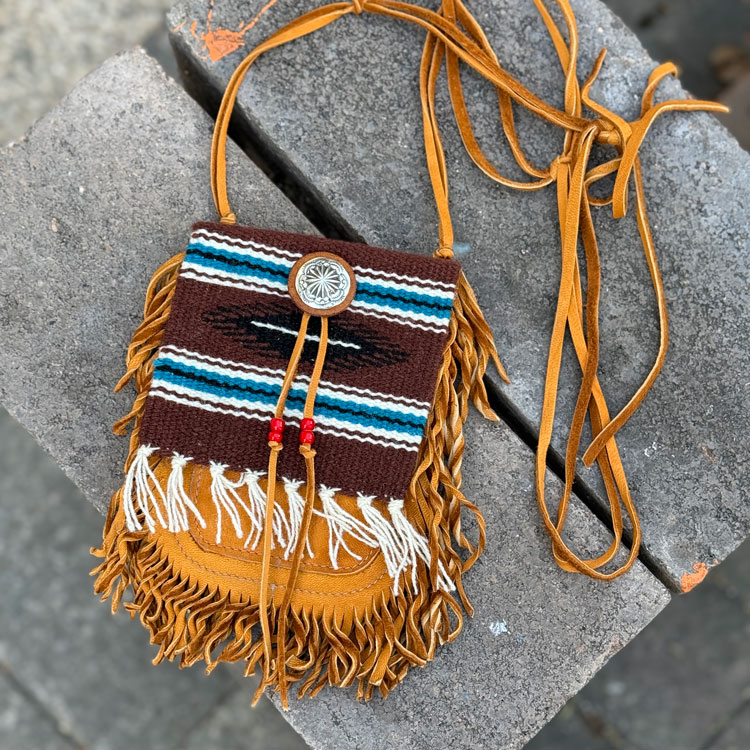 Lucky John日本制手工印第安chimayo毛毯天然鹿皮银扣复古草药包