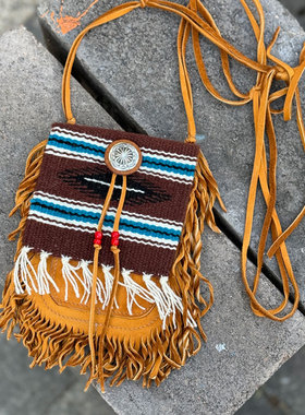 Lucky John日本制手工印第安chimayo毛毯天然鹿皮银扣复古草药包