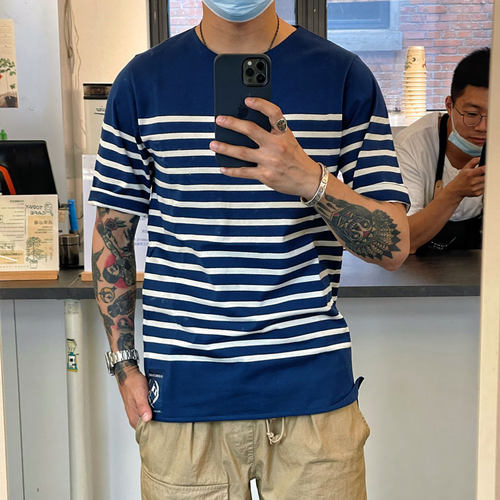 蓝染无收边设计条纹短袖T恤