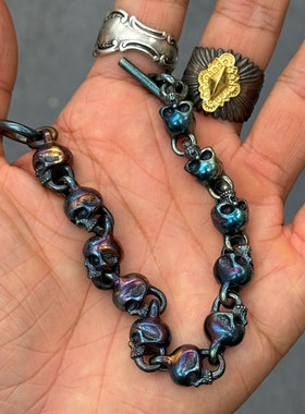 Jango 霸气百搭 925全银日本手打实心做旧暗黑骷髅硬派复古手链